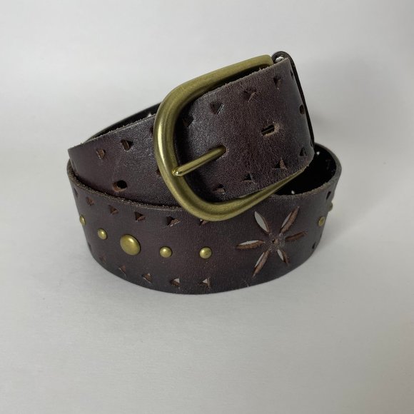 Aldo Accessories - Aldo Boho Wide Brown Leather Belt Stud Cut Out Brass Buckle Size M Boho Western